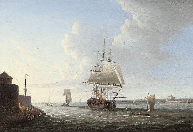 Dominic Serres An English man-o'war shortening sail entering Portsmouth harbour, with Fort Blockhouse off her port quarter oil painting image
